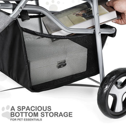 Foldable Pet Stroller Trolley Carrier With Wheels 3 Wheels Pet Strolling Cart For Small/Medium Dogs And Cats With Storage Basket
