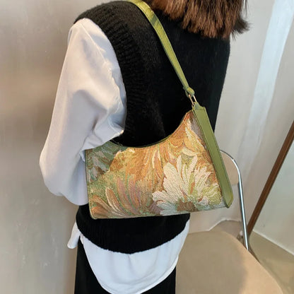 Fashion Vintage Women Oil Painting Design Shoulder Bags Ladies Simple Flower Female Armpit Hobos Bags Small Clutch Handbag Totes