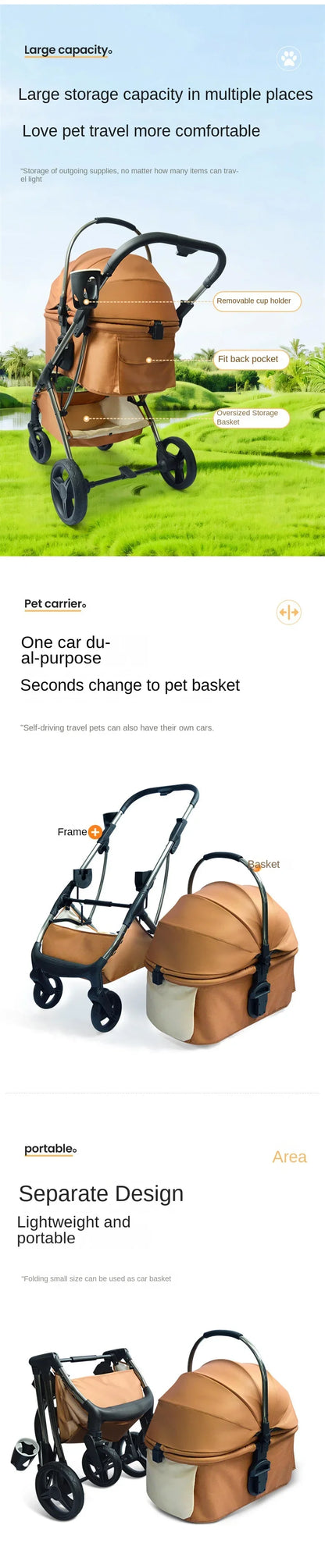 Luxury Pet Stroller with High View and Detachable Carrier Bag for Small and Medium Dogs and Cats