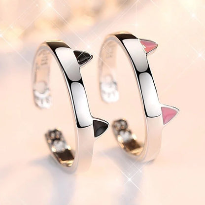 2pcs Y2K Cute Cat Paw Print Ring Women Girls Adjustable Cat Ears Paw Animal Finger Ring Couple Cartoon Little  Gift Jewelry