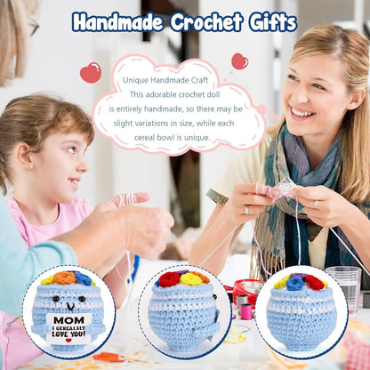 Handmade Crochet Cereal Bowl with Positive Card for Mothers Day Birthday Home Room Decoration Knitted Cereal Bowl Desk Ornament