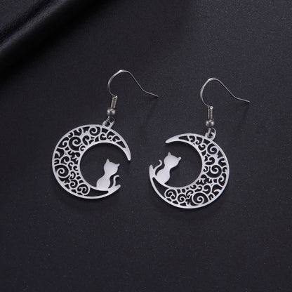 Cazador Cute Cat Kitten Crescent Moon Earrings for Women 2024 Stainless Steel Filigree Drop Earrings Jewelry Birthday Gift 2024
