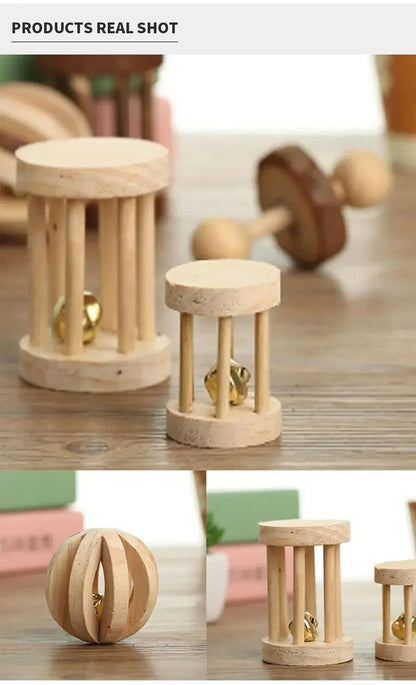 Cute Rabbit Roller Toys Natural Wooden Pine Dumbells Unicycle Bell Chew Toys for Guinea Pigs Rat Small Pet Molars Supplies