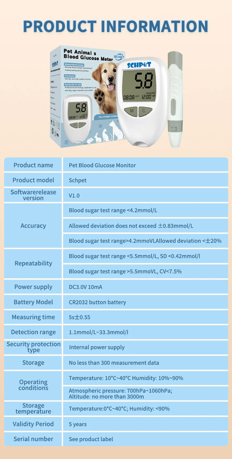 Schpet Household Pet Blood Glucose Meter Fast Test Machine with 50 Strips for Dog Cat Portable Pet Blood Glucose Monitoring