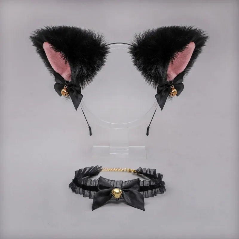Cat Ear Bow Headband Necklace Cat Claw Gloves Cosplay Plush Bell Hairband Women Girl Masquerade Party Headwear Hair Accessories