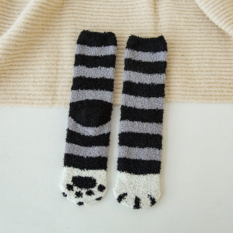 Autumn Winter Coral Velvet Socks Cute Cat Claw Socks For Women Children Girls Middle Tube Thickened Sleep Socks Home Floor Socks