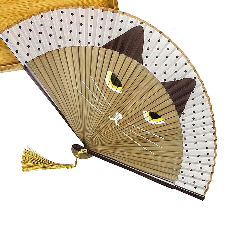 Japanese Style Cat Pattern Bamboo Folding Fan Women Lovely Cartoon Kitty Hand Fans Kimono Bathrobe Handheld Fan