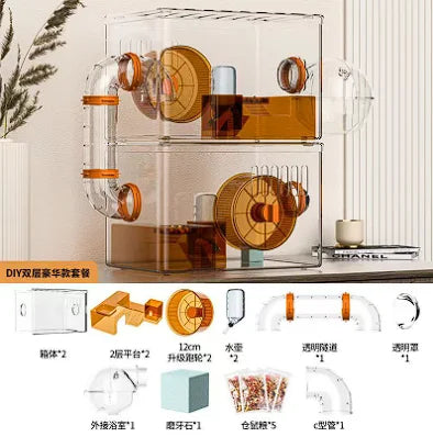 Hamster cage Luxury Grand Villa Transparent acrylic Gold silk Bear Dutch Pig two layer multi-layer combination hamster supplies