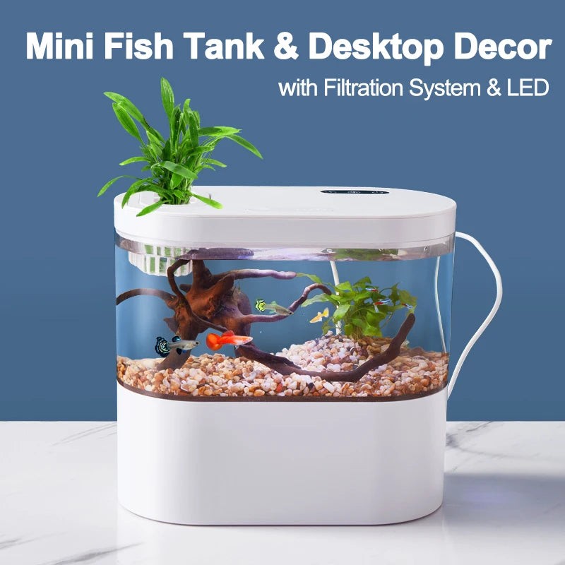 Desktop Aquarium Betta Fish Tank Tropical Fish Aquarium with Bottom Filter System LED Water Pump Fishbowl for Goldfish Amphibian