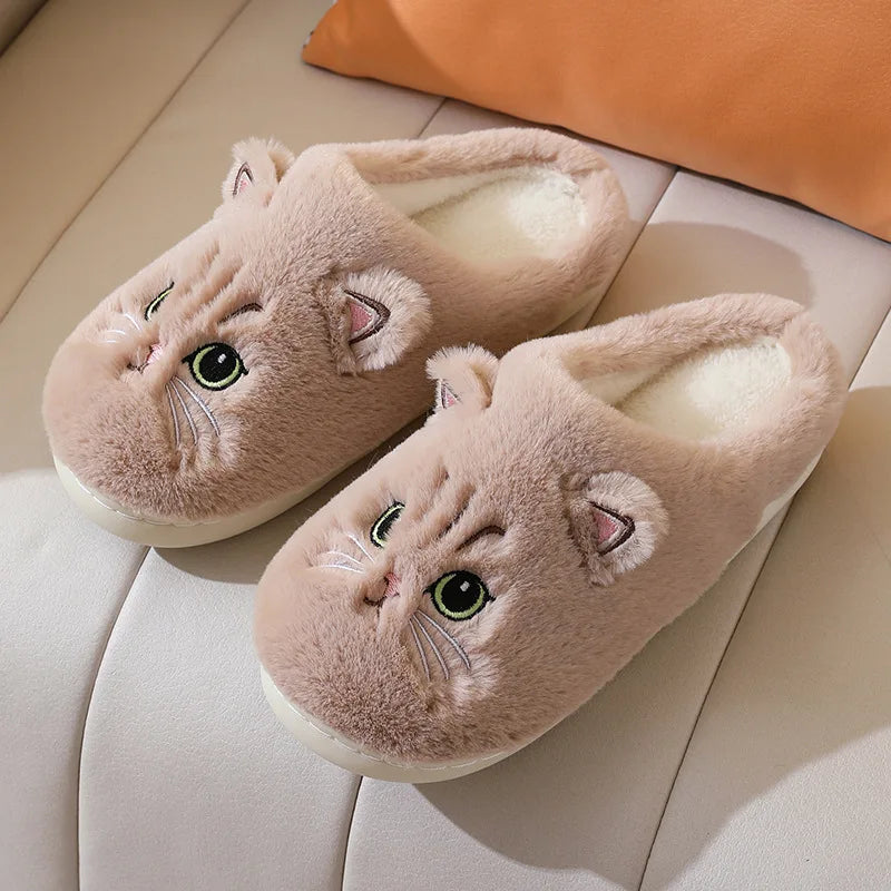 Winter Home Slippers Women Shoes Cute Cartoon Cat Slippers Men Warm Plush Slides Indoor Bedroom Non-Slip Floor Slipper