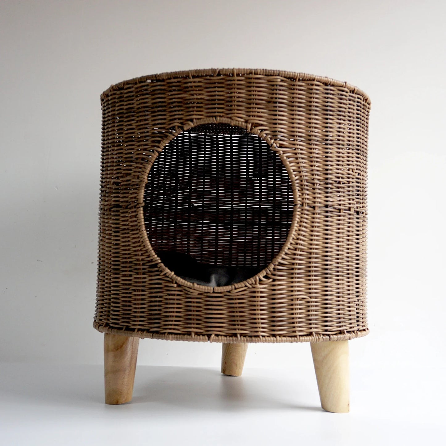 Brown Rattan Cat Cave Bed with Legs, Handwoven Pet Table