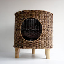Brown Rattan Cat Cave Bed with Legs, Handwoven Pet Table