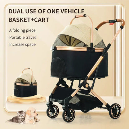 4 in 1 Pet Stroller, Folding Light weight Cat &Dog Stroller with Detachable Carrier, 180° Reversible Canopy, All Terrain 4-Wheel