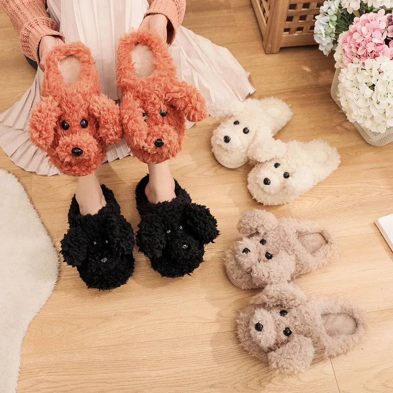 Pallene Short Fur Slippers For Women 2023 Winter Warm Furry Cozy Cotton Shoes For Home Indoor Cute Dog Couples Antiskid Slippers