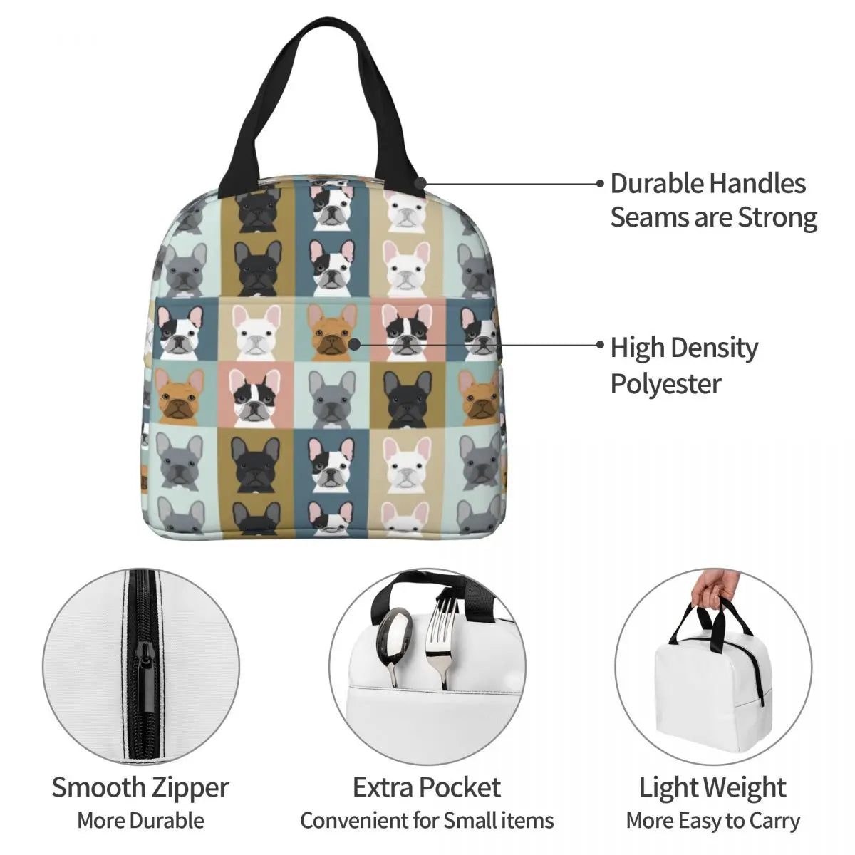 French Bulldog Dog Insulated Lunch Bag Portable Dogs Lunch Container Thermal Bag Tote Lunch Box School Outdoor Food Handbags