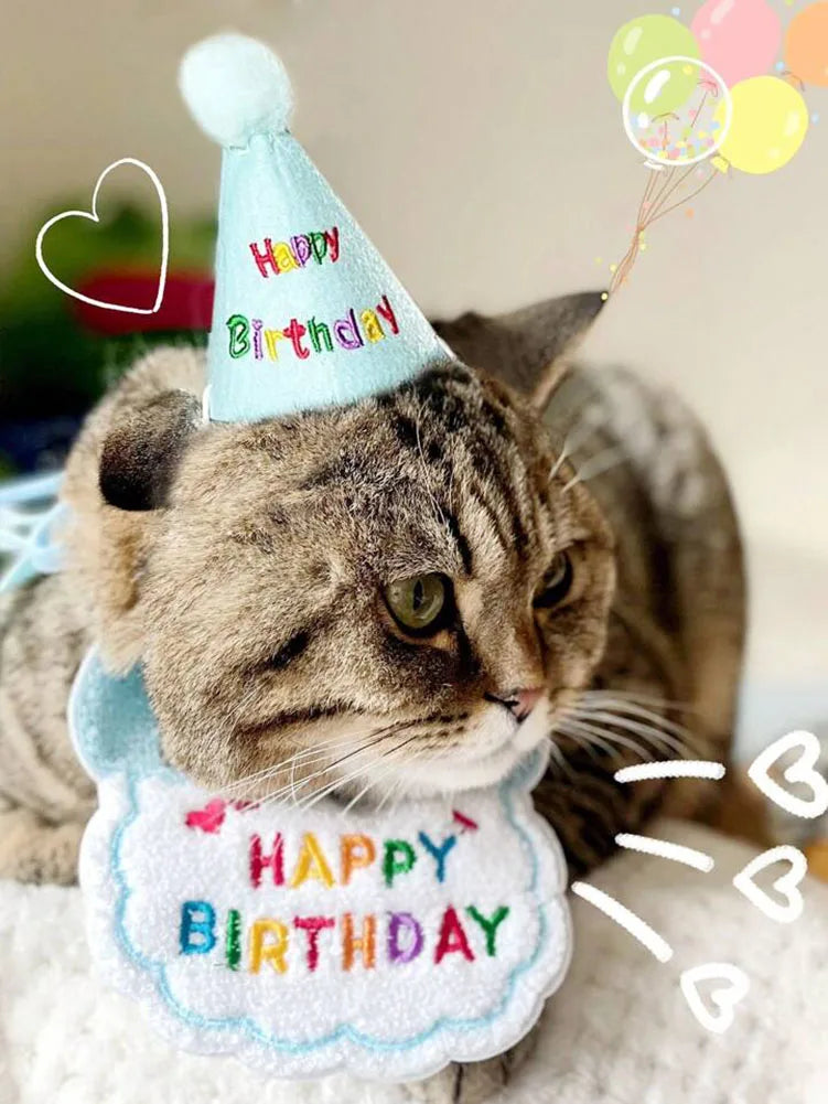 貓狗生日圍兜和派對帽迷你小狗可調式頭巾圍巾寵物生日服裝小狗用品