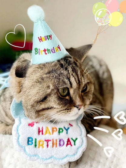 貓狗生日圍兜和派對帽迷你小狗可調式頭巾圍巾寵物生日服裝小狗用品