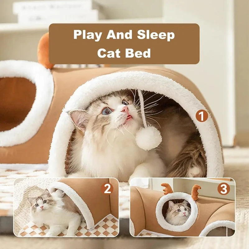 Winter Indoor Warm Plush Cat Bed with Reindeer Appearance Hide and Seek Cat Tunnel Play and Sleep Integrated Cat House Pet Nest