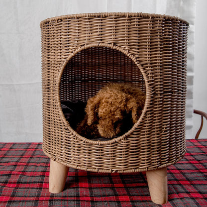 Brown Rattan Cat Cave Bed with Legs, Handwoven Pet Table