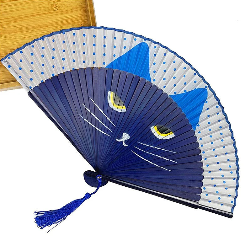 Japanese Style Cat Pattern Bamboo Folding Fan Women Lovely Cartoon Kitty Hand Fans Kimono Bathrobe Handheld Fan