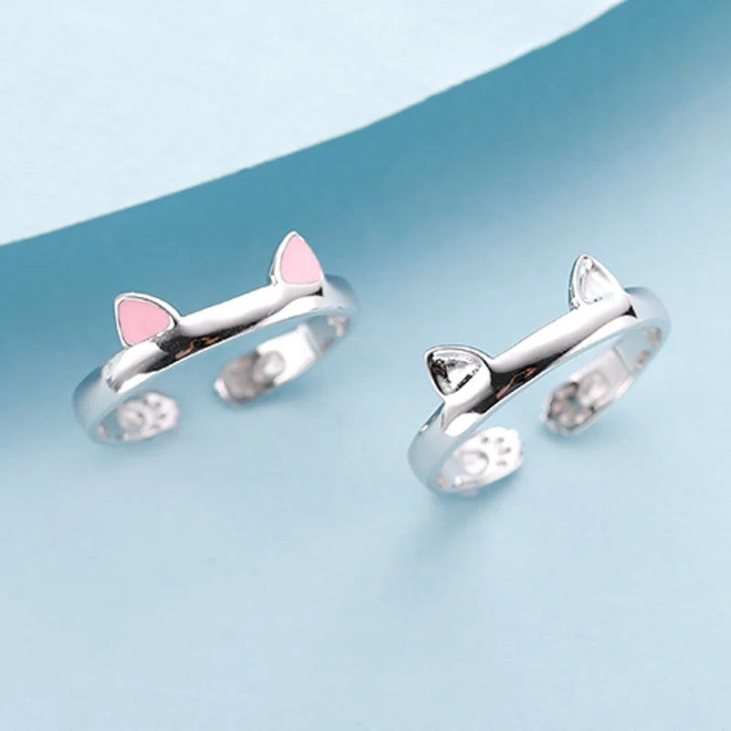 2pcs Y2K Cute Cat Paw Print Ring Women Girls Adjustable Cat Ears Paw Animal Finger Ring Couple Cartoon Little  Gift Jewelry