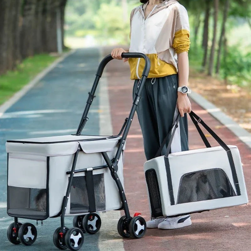 Multifunctional Double-layer Pet Stroller Lightweight and Foldable Travel cat Stroller Detachable Pet Handbag Pet Supplies