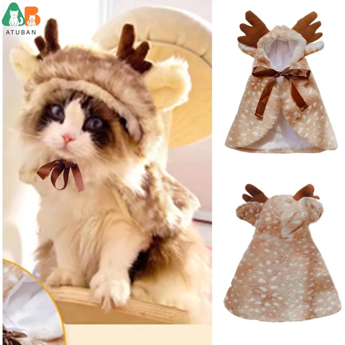 ATUBAN Christmas Puppy Reindeer Costume Xmas Dog Elk Cloak with Antlers Cat Santa Cape Christmas Dog Outfit for Small Medium Dog