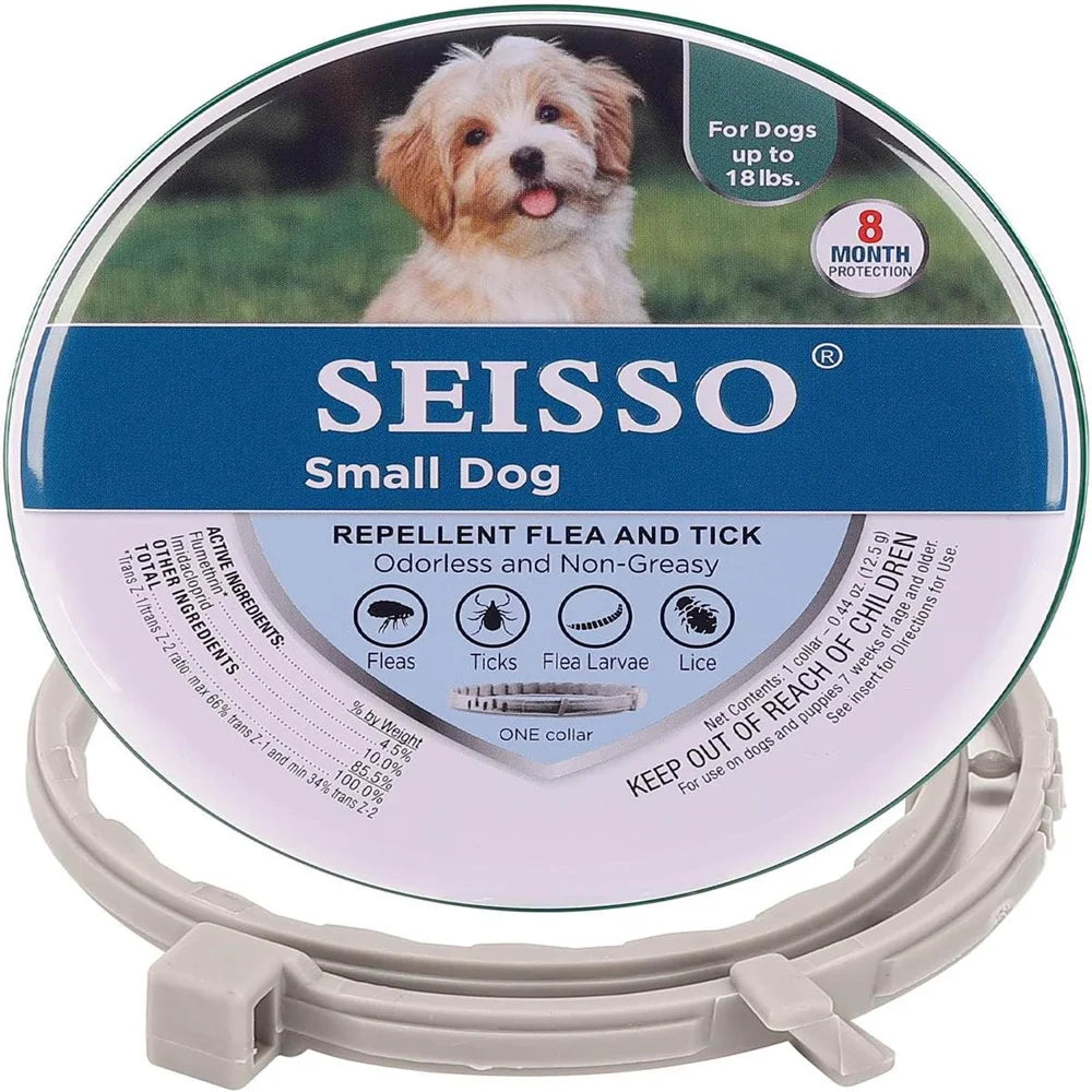 SEISSO Antiparasitic Collar for Dogs 8 Months of Protection Collar Protects Dogs and Cats from Fleas  Lice Mosquitoes Larvae
