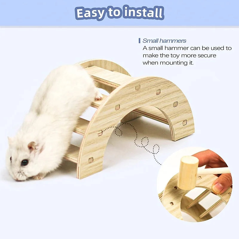 Pet Hamsters House DIY Wooden Gerbil Hideout Bridge Swing and Chinchilla Seesaw Pet Sport Exercise Toys Set  Cage Accessories