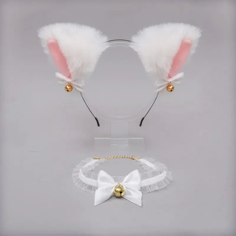 Cat Ear Bow Headband Necklace Cat Claw Gloves Cosplay Plush Bell Hairband Women Girl Masquerade Party Headwear Hair Accessories