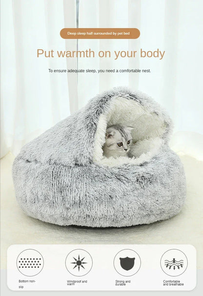 冬用プラッシュペットキャットベッド ラウンドキャットクッション キャットハウス 2 in 1 暖かい猫バスケット ペットスリープバッグ 子猫用巣 小型犬猫用