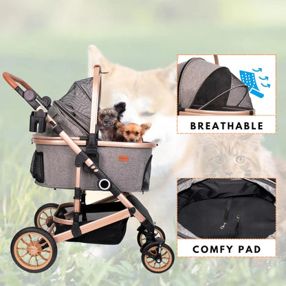 Folding 4 Wheels Dog Trolley Pet Jogger for Small Medium Dogs Travel