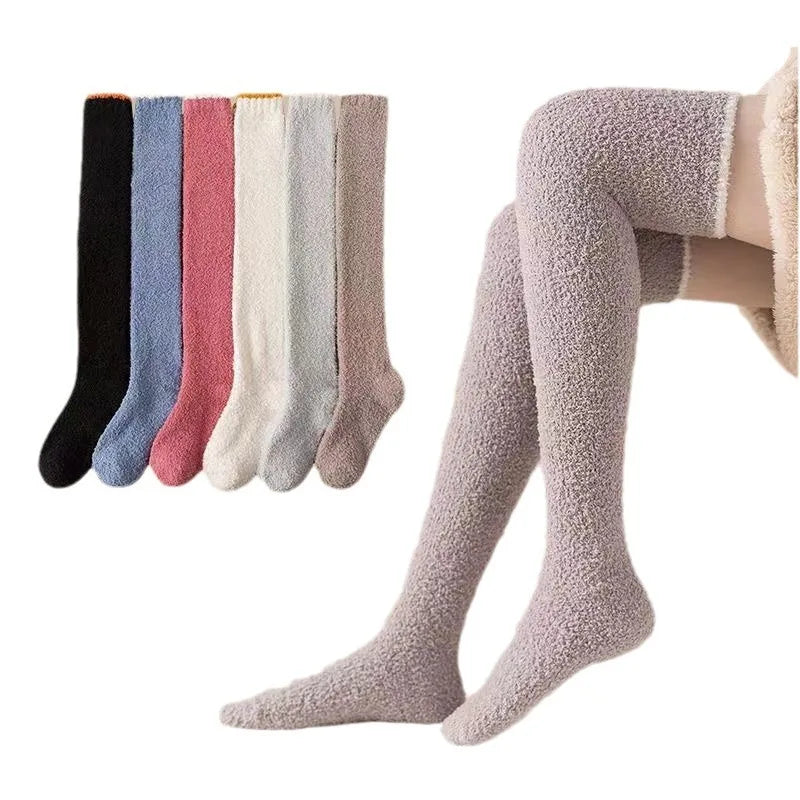 Winter Warm Coral Fleece Over-knee High Socks for Women Plush Home Sleep Floor Long Socking Jk Solid Soft Thigh High Fun Sock