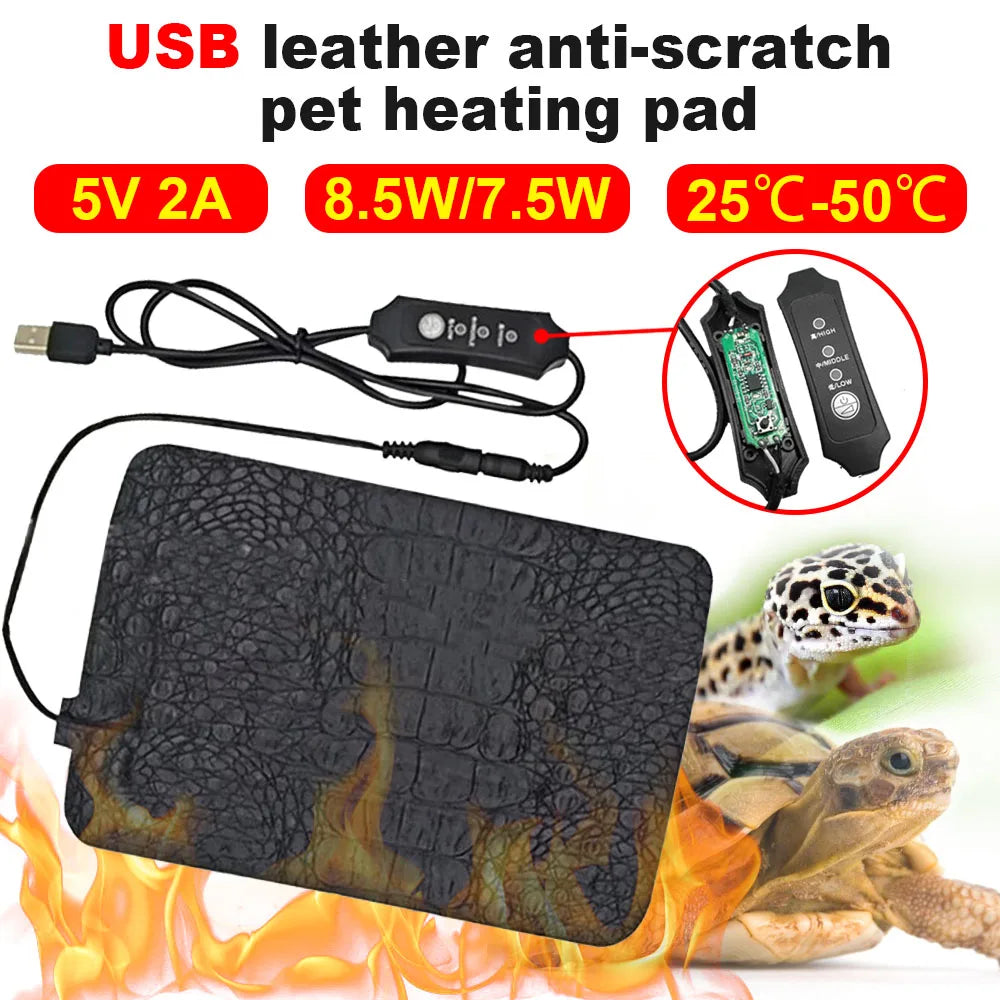 USB Pet Heating Pad Water Resistant Reptile Incubator Heating Pad Three Adjustable Temperatures Leather Winter Warm Waterproof