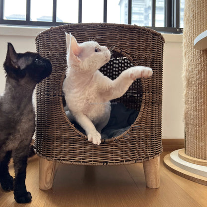 Brown Rattan Cat Cave Bed with Legs, Handwoven Pet Table