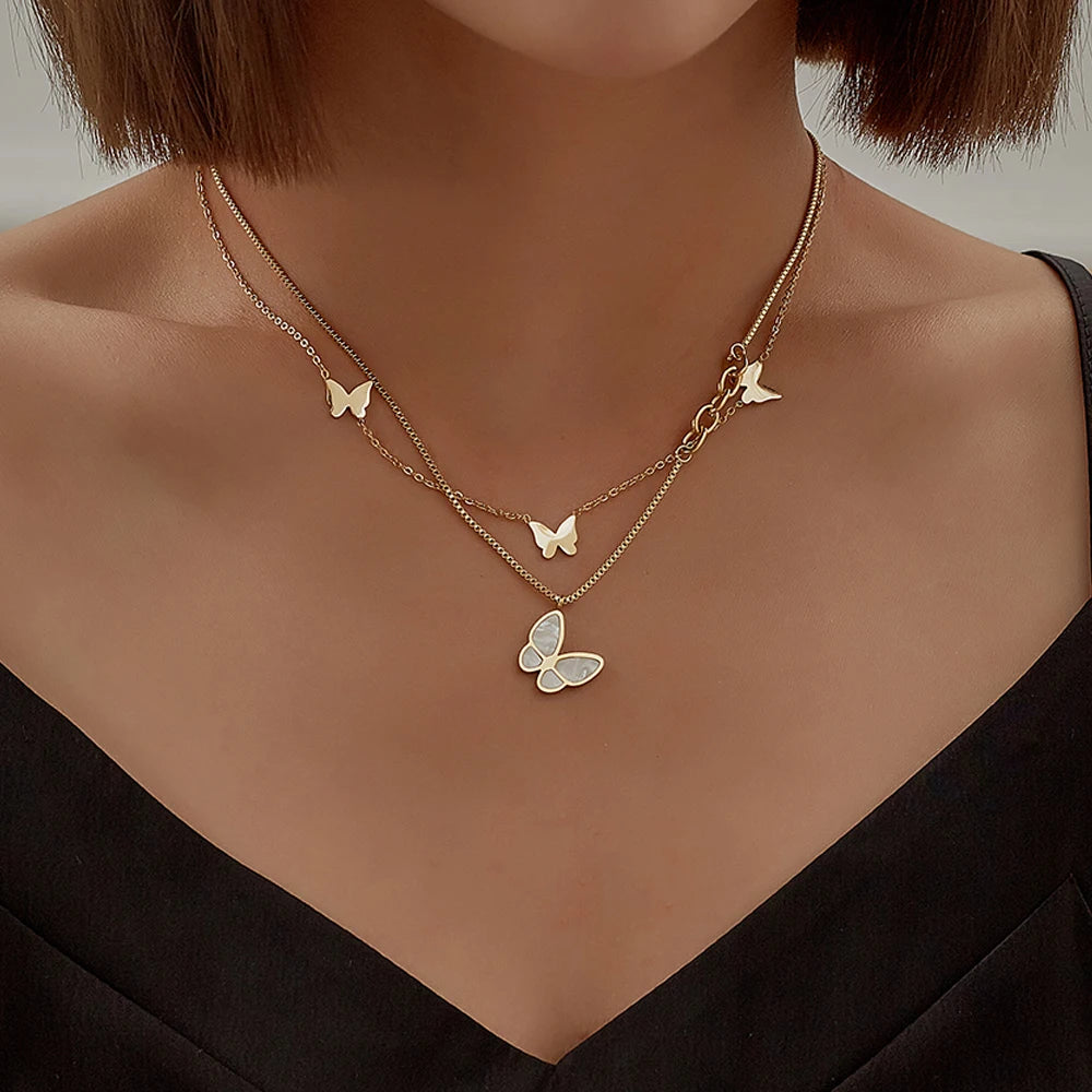 Multilayer Vintage Butterfly Necklace For Women Gold Color 316L Stainless Steel Blade Snake Chain Charms Choker Jewelry Gift