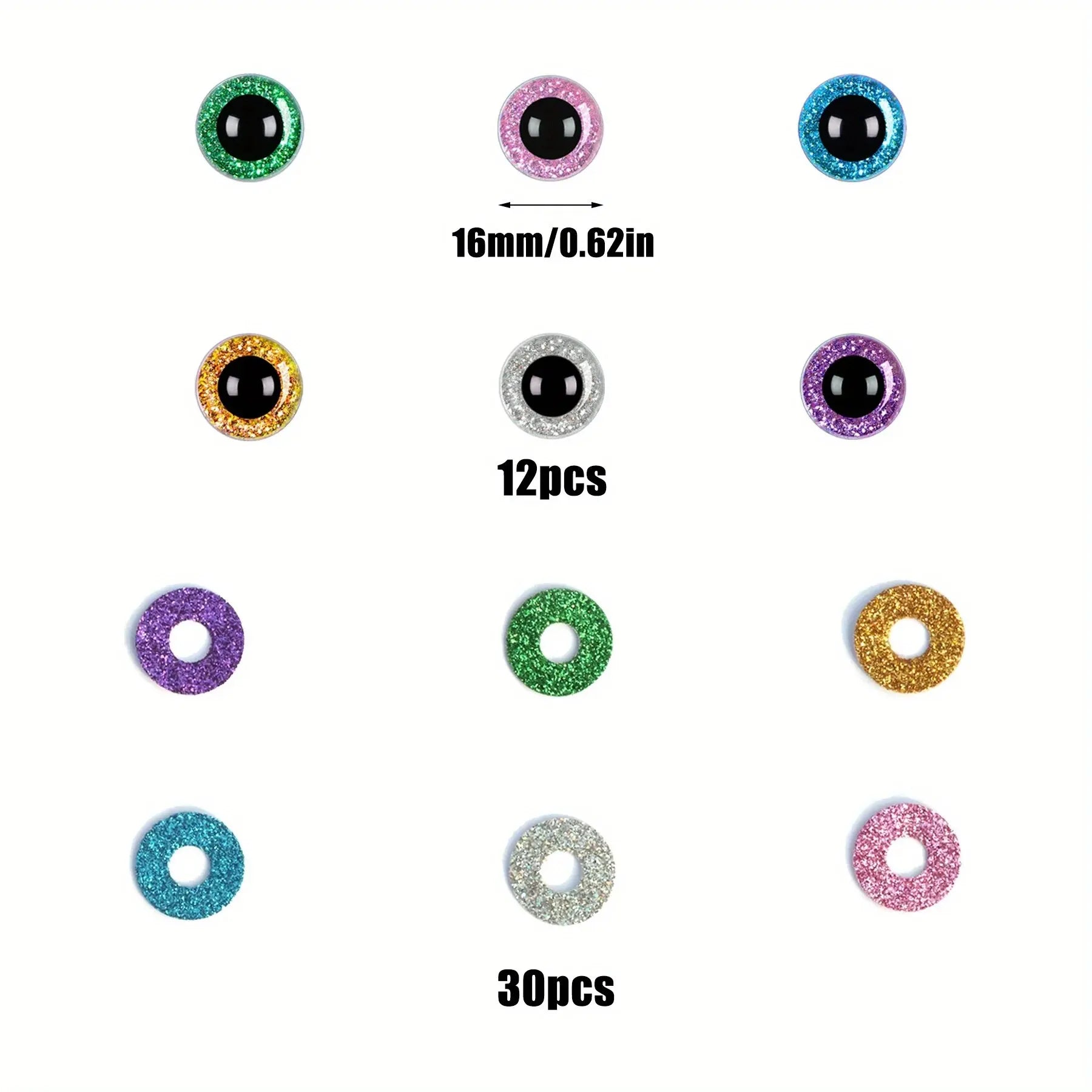 Sparkling Safety Eyes, 14-30mm Plastic Eyes for Stuffed Animal Toy Puppets, Woven Eyes for DIY Crafts