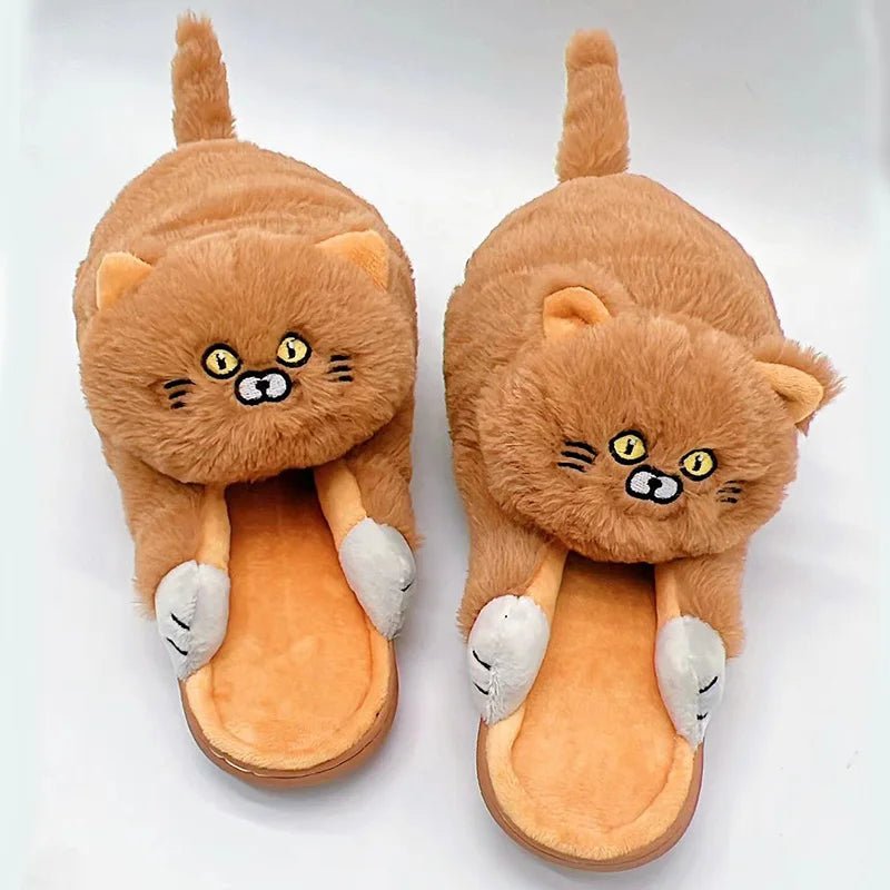 Footsie Cat Slippers Women's Winter Warm Shoes Free Shipping Funny Kitty Animal Slides Woman Fluffy Fur Mules Birthday Gift Toys