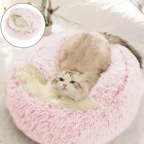 Soft Plush Pet Bed with Cover Round Cat Bed Pet Mattress Warm Cat Dog 2 in 1 Sleeping Nest Cave for Small Dogs