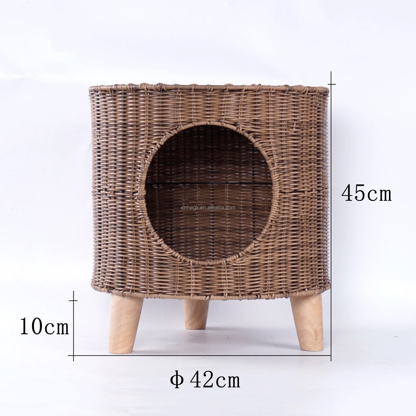 Brown Rattan Cat Cave Bed with Legs, Handwoven Pet Table