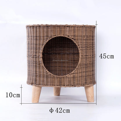 Brown Rattan Cat Cave Bed with Legs, Handwoven Pet Table