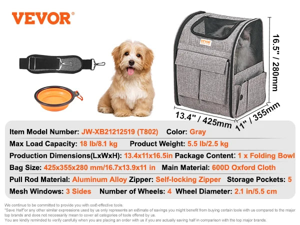 VEVOR Pet Cat Carrier Breathable Outgoing Dog Carry Backpack with Telescopic Handle Wheels and Shoulder Strap for Travel Trip