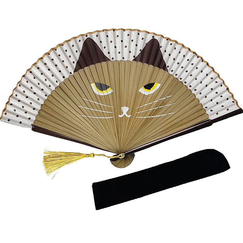 Japanese Style Cat Pattern Bamboo Folding Fan Women Lovely Cartoon Kitty Hand Fans Kimono Bathrobe Handheld Fan