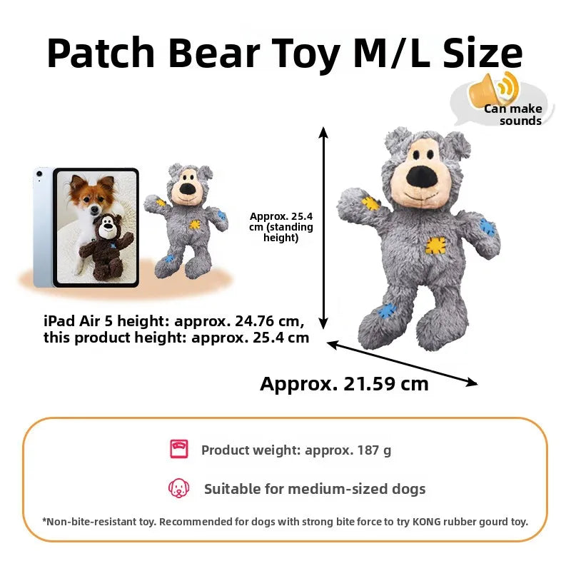 Kong Patch Bear Chew Resistant Plush Toy Sound Making Stress Relief Tug of War for Puppies And Adult Dogs Pet Toys Short Plush