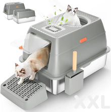 不銹鋼貓砂盆帶蓋 XXL 大型封閉式高邊貓砂盆帶可拆卸蓋子和鏟子無臭易
