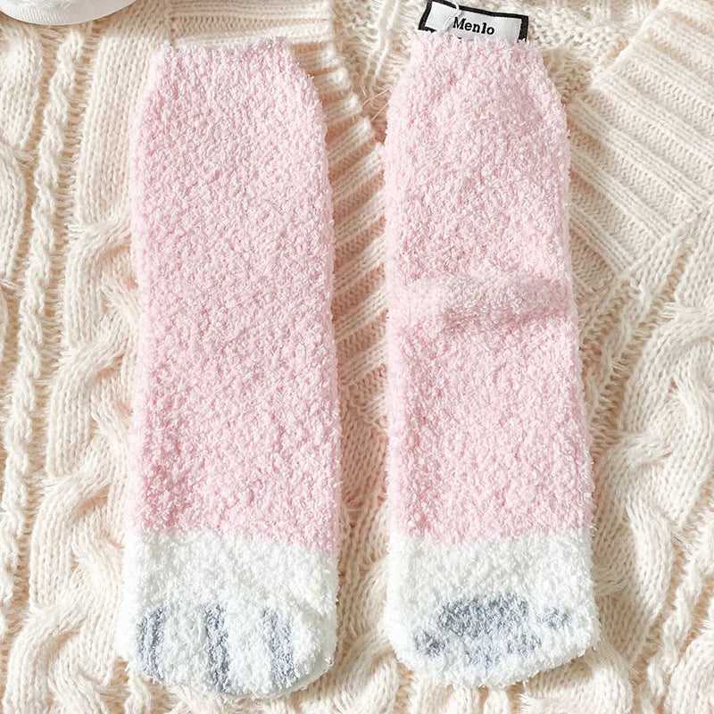 Autumn Winter Coral Velvet Socks Cute Cat Claw Socks For Women Children Girls Middle Tube Thickened Sleep Socks Home Floor Socks