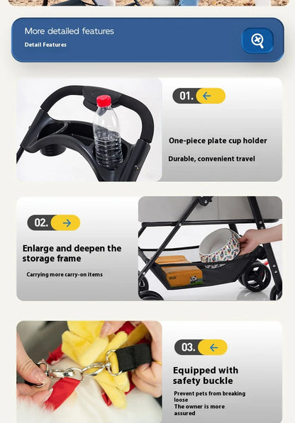 Detachable Pet Stroller Frame Basket With Feeding Tray One Click Fold System Lightweight Portable For Cats Dogs Pet Carrier