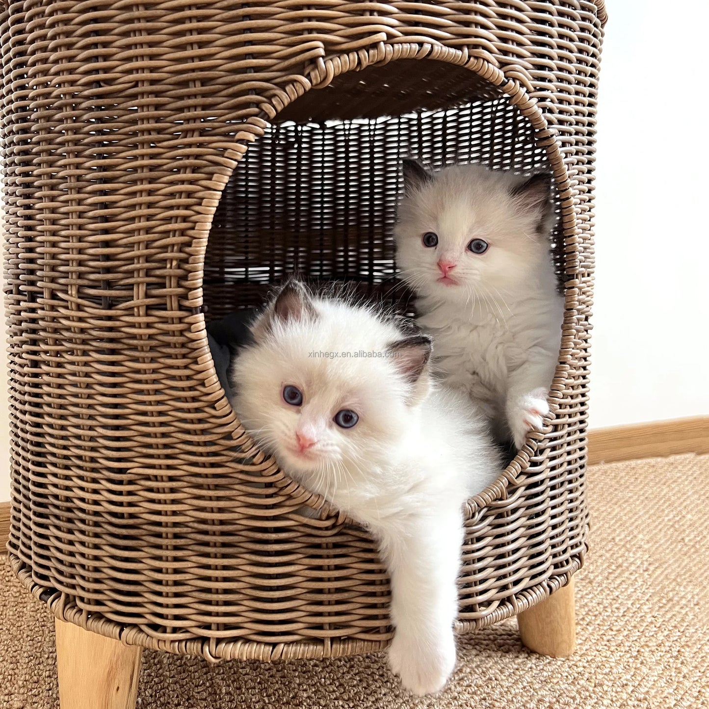 Brown Rattan Cat Cave Bed with Legs, Handwoven Pet Table