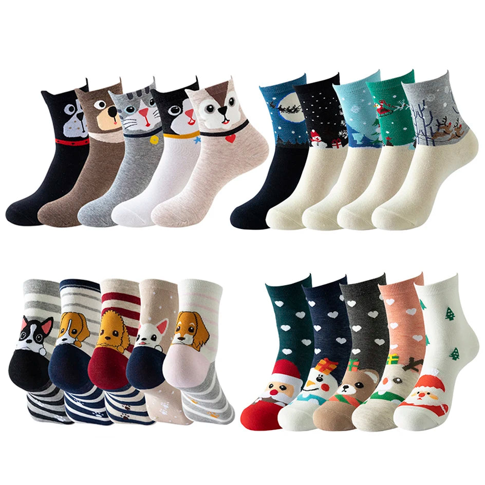 5 Pairs Women Socks Cartoon Cat Cute Funny Personality Soft Comfortable Chrismas Gift High Quality Cotton Socks For Women