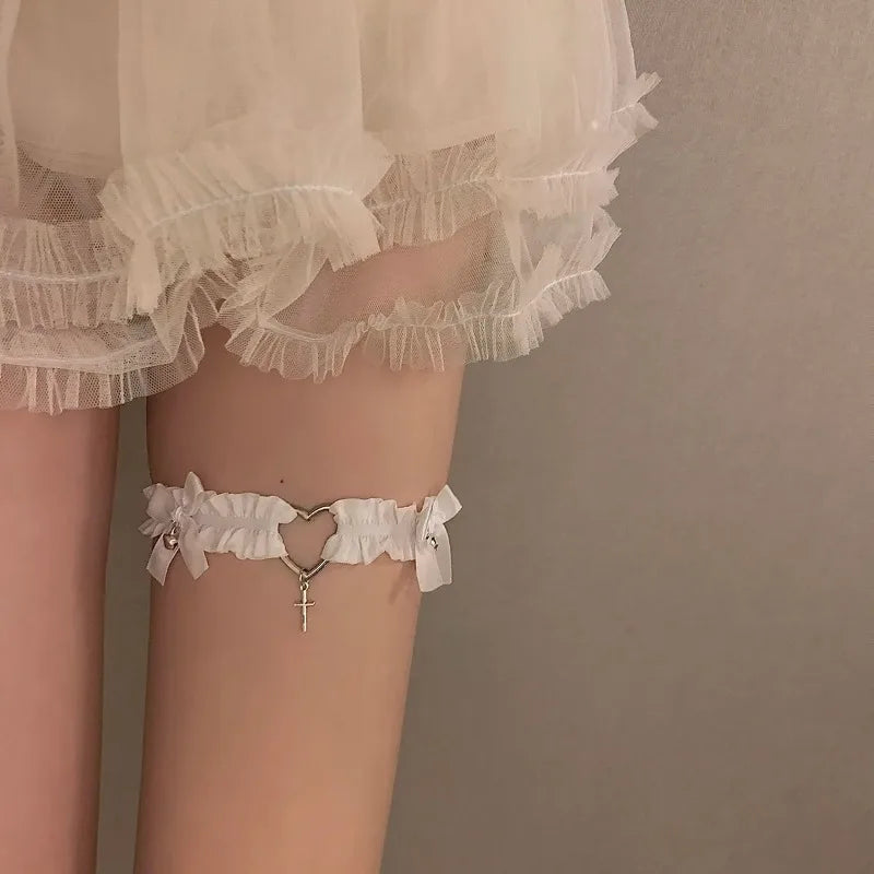 Gothic Lace Garter Belt Heart Bowknot Black White Elastic Choker Strap Cosplay Bondage Lingerie Harness Cross Lolita Leg Garters